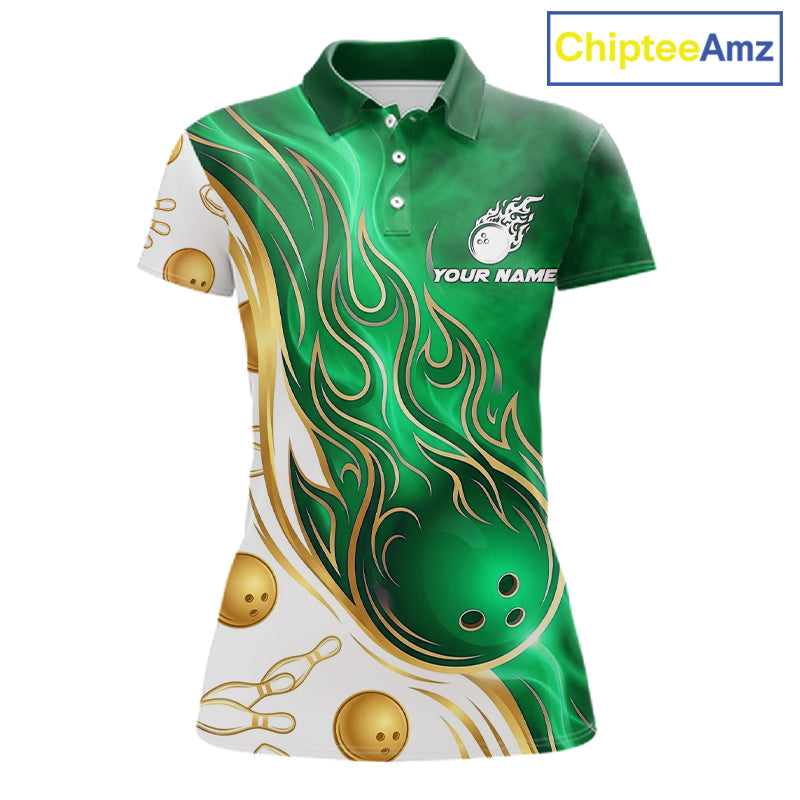 Gold & Green Flames Bowling Polo featuring vibrant flame artwork, personalized bowling team jersey, moisture-wicking performance polo, custom bowling league apparel, athletic sportswear, tournament-ready clothing, prosperity symbolism.