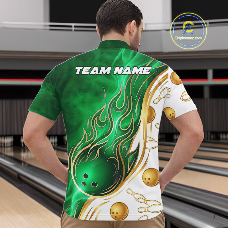 Male bowler wearing Gold & Green Flames bowling shirt featuring confidence, ambition, championship spirit, custom league apparel, performance sportswear.