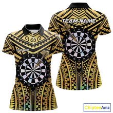 Load image into Gallery viewer, Gold Tribal Holographic Dartboard &amp; Arrow Women Darts Polo Shirt Personalized Dart Team Jerseys NYN2515