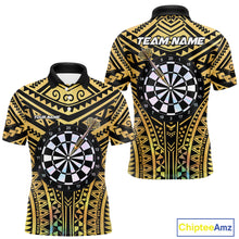 Load image into Gallery viewer, Gold Tribal Holographic Dartboard &amp; Arrow Men Darts Polo Shirt Personalized Dart Team Jerseys NYN2515