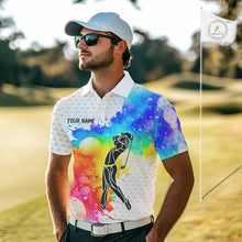 Load image into Gallery viewer, Mens White Pattern Golf Polo Shirt Custom Name Colorful Watercolor Golf Clothes, Golf Gifts NYN2873