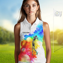 Load image into Gallery viewer, Women White Pattern Golf Sleeveless Polo Shirt Custom Name Colorful Watercolor Golf Clothes, Golf Gifts NYN2873
