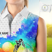Load image into Gallery viewer, Women White Pattern Golf Sleeveless Polo Shirt Custom Name Colorful Watercolor Golf Clothes, Golf Gifts NYN2873