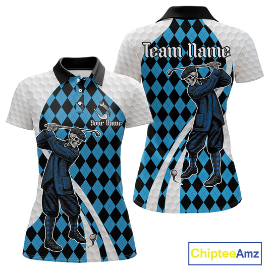 Golfer Skeleton Golf Polo Shirts For Women Custom Blue Argyle Pattern Team Name Golf Clothes NYN3253