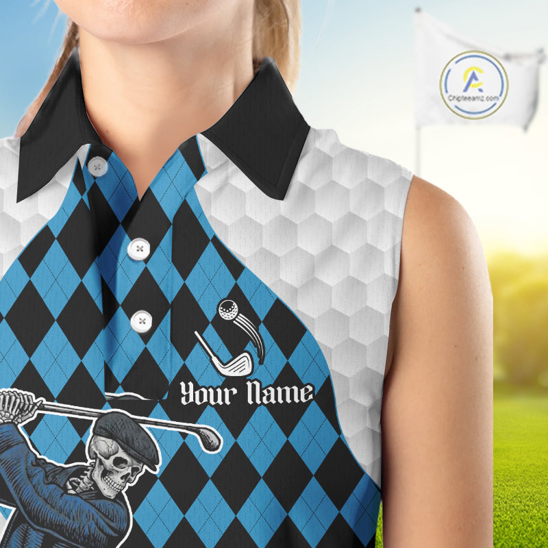 Golfer Skeleton Golf Sleeveless Polo Shirts For Women Custom Blue Argyle Pattern Team Name Golf Clothes NYN3253