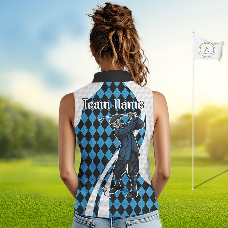 Golfer Skeleton Golf Sleeveless Polo Shirts For Women Custom Blue Argyle Pattern Team Name Golf Clothes NYN3253