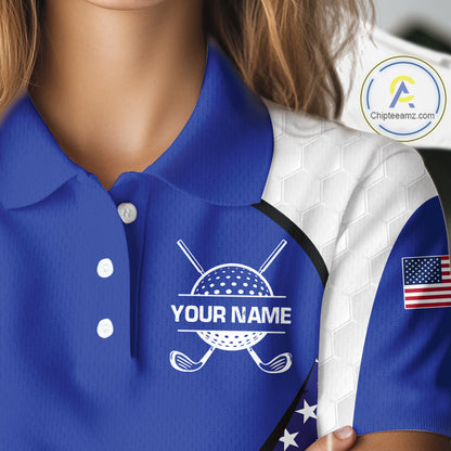 Grunge American Flag Golf Polo Shirts For Women Custom Golf Team Attire For Golfers | Blue NYN3257