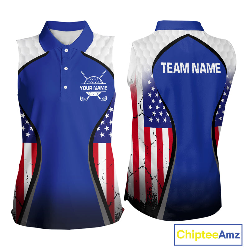 Grunge American Flag Golf Sleeveless Polo Shirts For Women Custom Golf Team Attire For Golfers | Blue NYN3257