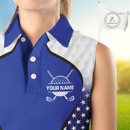 Grunge American Flag Golf Sleeveless Polo Shirts For Women Custom Golf Team Attire For Golfers | Blue NYN3257