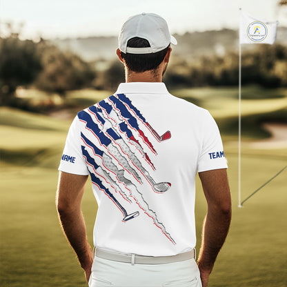 Men's model wearing Texas Flag Golf Polo Shirt, Lone Star golf apparel, personalized golf clothing, custom golf team outfit, Texas golf club fashion.