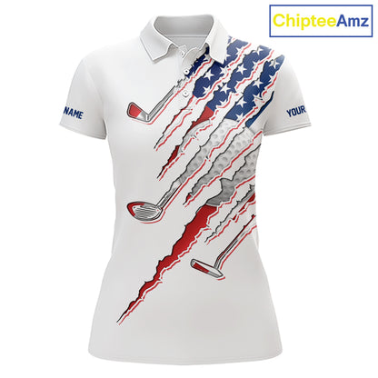 American Flag Women's Golf Polo Shirt mockup featuring white golf clubs design, personalized women's patriotic golf apparel, custom golf team polo, USA golf clothing, Memorial Day golf outfit, Independence Day golf fashion.