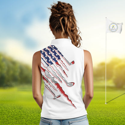 Women's model wearing American Flag Golf Polo Shirt, patriotic golf fashion, oversized USA golf apparel, matching golf couple outfit, custom golf clothing.