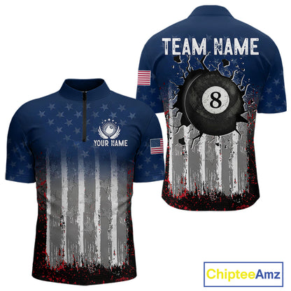 American Flag Cracked 8 Ball Billiard Pool Shirt For Men Custom Grunge Patriotic Billiard Team Jersey NYN3085