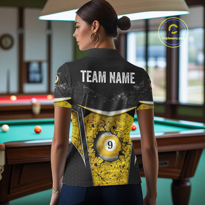 Black And Yellow Grunge Cracked 9 Ball Billiard Pool Shirt For Women Custom 9 Ball Billiard Team Jersey NYN3086