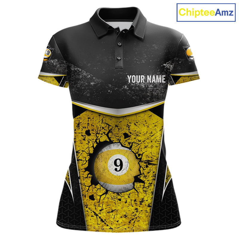 Black And Yellow Grunge Cracked 9 Ball Billiard Pool Shirt For Women Custom 9 Ball Billiard Team Jersey NYN3086