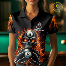 Load image into Gallery viewer, Female billiards player wearing Fire Flame Skull 8 Ball red pool jersey during league and tournament play