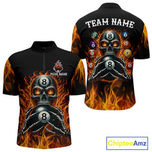 Load image into Gallery viewer, Fire Flame Skull 8 Ball men's quarter zip billiard shirt custom red flame pool team jersey, professional billiards apparel