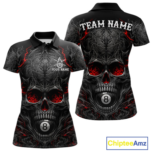 Black Red Flaming Skull 8 Ball women's billiard polo shirt custom pool team jersey, personalized billiards apparel
