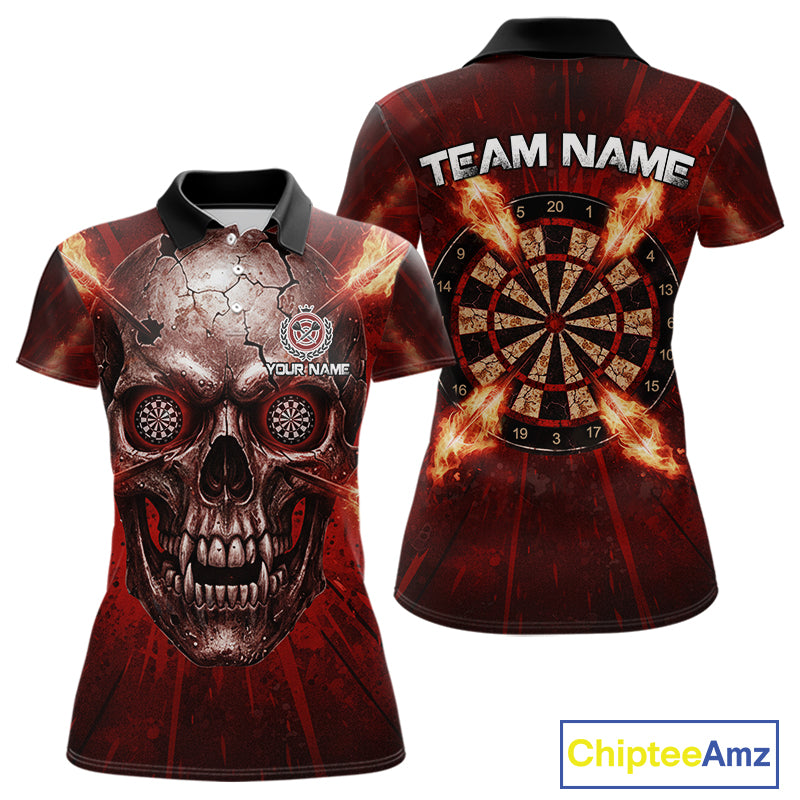 Custom Red Flames Dart Arrow Cracked Skull Women Darts Polo Shirt Grunge Dart Gifts NYN1989