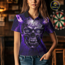 Load image into Gallery viewer, Custom Purple Flames Dart Arrow Cracked Skull Women Darts Polo Shirt Grunge Dart Gifts NYN1990
