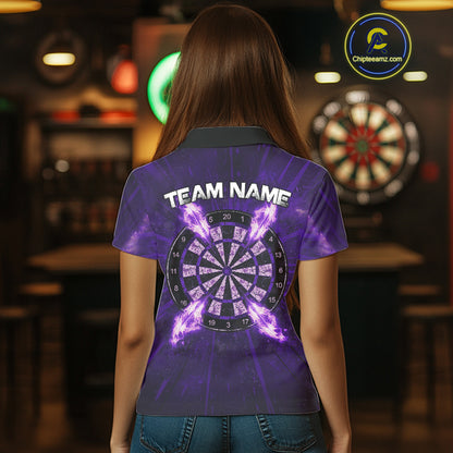 Custom Purple Flames Dart Arrow Cracked Skull Women Darts Polo Shirt Grunge Dart Gifts NYN1990