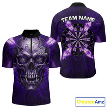 Load image into Gallery viewer, Custom Purple Flames Dart Arrow Cracked Skull Men Darts Quarter-Zip Shirt Grunge Dart Gifts NYN1990