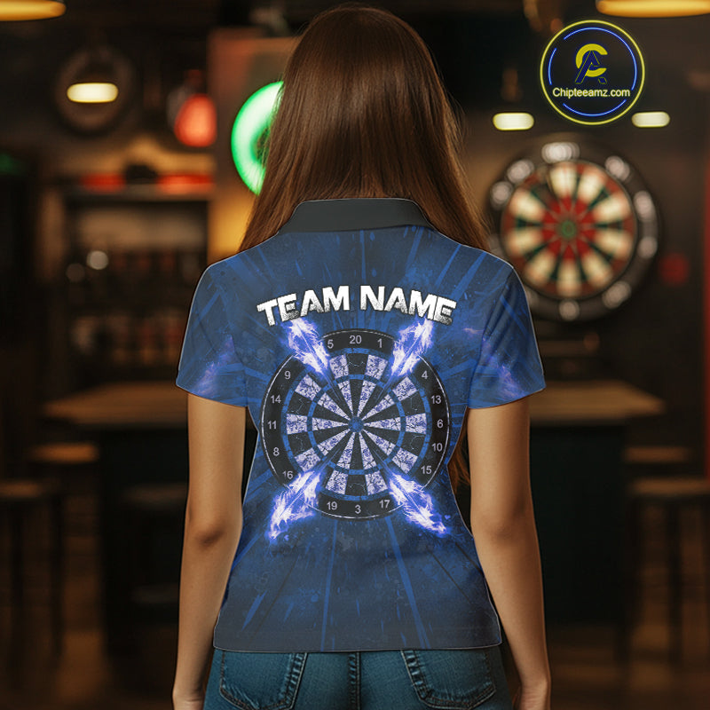Custom Blue Flames Dart Arrow Cracked Skull Women Darts Polo Shirt Grunge Dart Gifts NYN1991