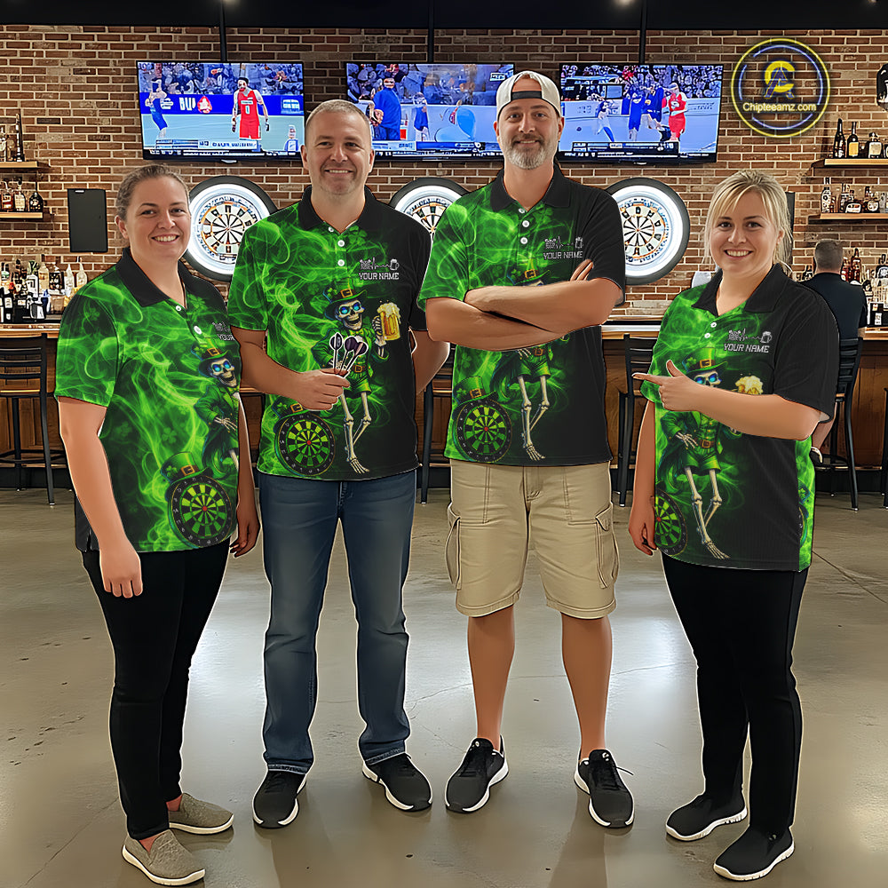 Funny Skeleton St Patrick's Day Men Darts Polo Shirt Custom Flame Shamrock Darts Team Jersey NYN2529
