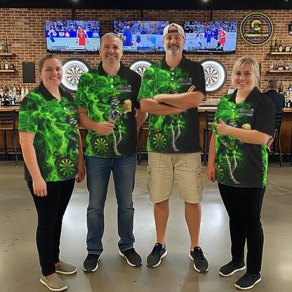 Funny Skeleton St Patrick's Day Men Darts Polo Shirt Custom Flame Shamrock Darts Team Jersey NYN2529