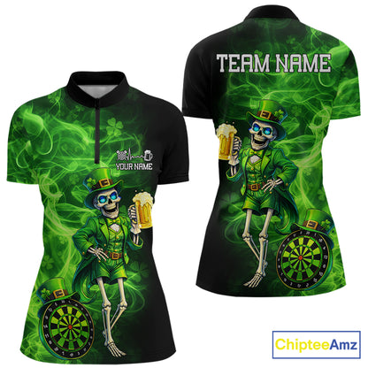 Funny Skeleton St Patrick's Day Women Darts Quarter-Zip Shirt Custom Flame Shamrock Darts Team Jersey NYN2529