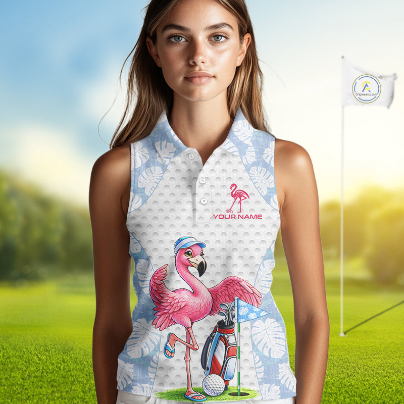 Custom Blue Tropical Monstera Funny Flamingo Matching Womens Golf Sleeveless Polo Shirts Team Golf Clothes NYN2881