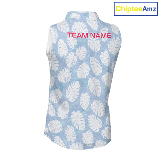 Custom Blue Tropical Monstera Funny Flamingo Matching Womens Golf Sleeveless Polo Shirts Team Golf Clothes NYN2881