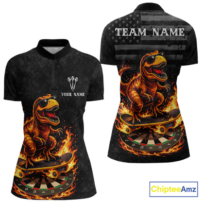 Custom Grunge Flame Dinosaur Darts Shirt Polo & 1/4 Zip Darts Jersey For Women US Flag Dart Outfit NYN2884