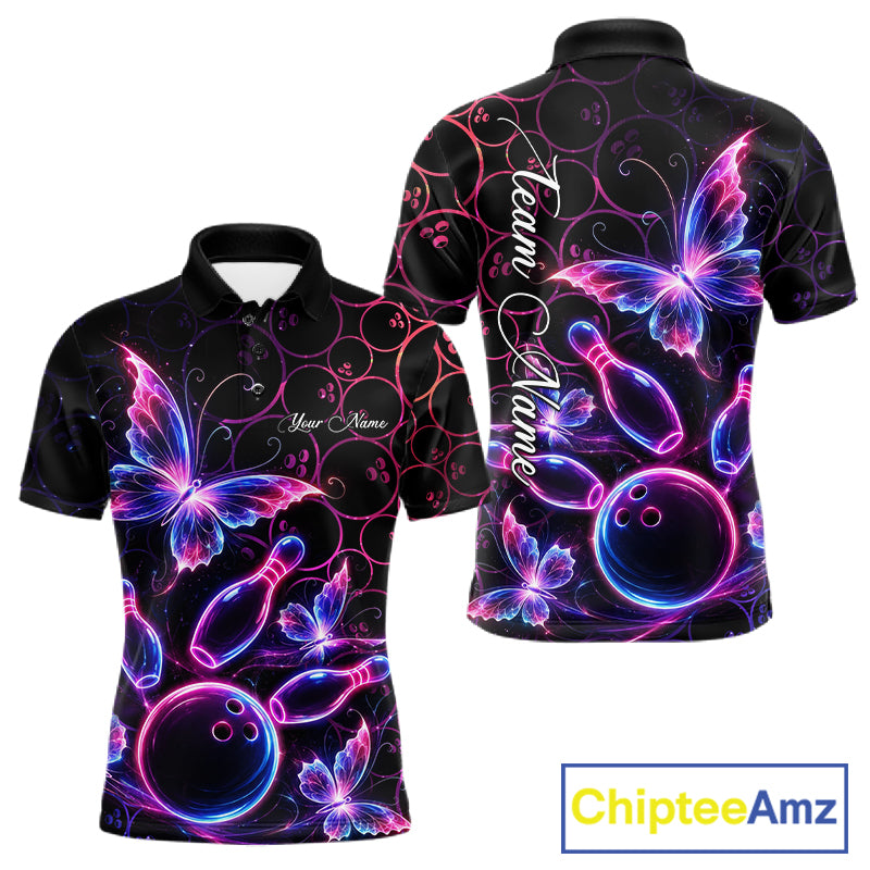 Neon Blue And Pink Butterfly Bowling Polo & 1/4-Zip Shirt For Men Custom Colorful Bowling Team Jersey NYN3266