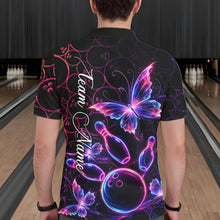 Load image into Gallery viewer, Neon Blue And Pink Butterfly Bowling Polo &amp; 1/4-Zip Shirt For Men Custom Colorful Bowling Team Jersey NYN3266