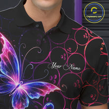 Load image into Gallery viewer, Neon Blue And Pink Butterfly Bowling Polo &amp; 1/4-Zip Shirt For Men Custom Colorful Bowling Team Jersey NYN3266