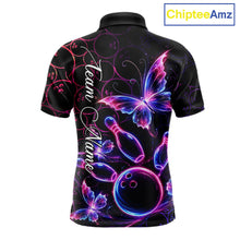 Load image into Gallery viewer, Neon Blue And Pink Butterfly Bowling Polo &amp; 1/4-Zip Shirt For Men Custom Colorful Bowling Team Jersey NYN3266