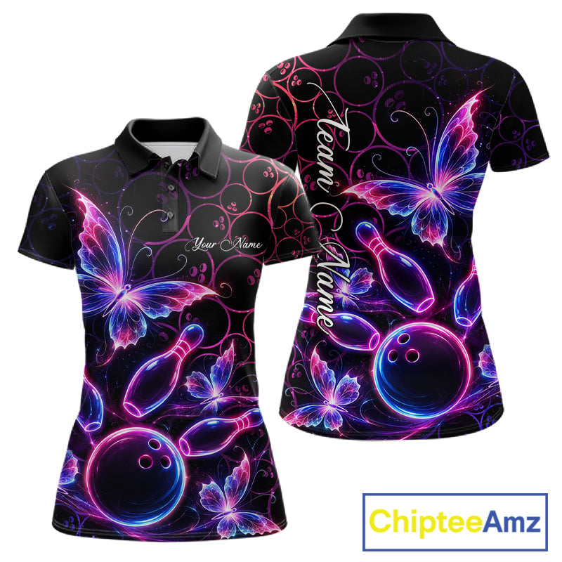 Neon Blue And Pink Butterfly Bowling Polo & 1/4-Zip Shirt For Women Custom Colorful Bowling Team Jersey NYN3266