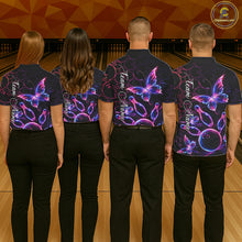 Load image into Gallery viewer, Neon Blue And Pink Butterfly Bowling Polo &amp; 1/4-Zip Shirt For Men Custom Colorful Bowling Team Jersey NYN3266