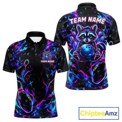 Splatter Neon Purple & Blue Bowling Shirts For Men Custom Funny Raccoon Team Bowling Jersey NYN3270