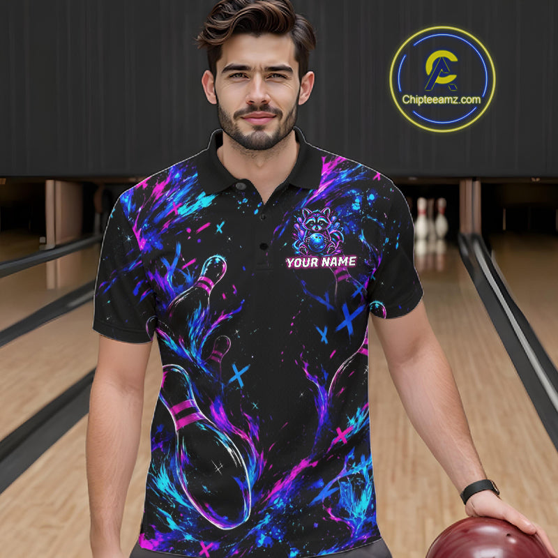 Splatter Neon Purple & Blue Bowling Shirts For Men Custom Funny Raccoon Team Bowling Jersey NYN3270