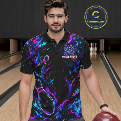 Splatter Neon Purple & Blue Bowling Shirts For Men Custom Funny Raccoon Team Bowling Jersey NYN3270