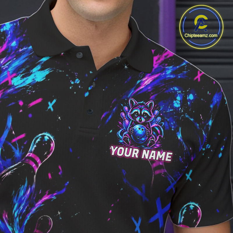 Splatter Neon Purple & Blue Bowling Shirts For Men Custom Funny Raccoon Team Bowling Jersey NYN3270