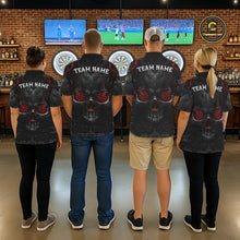 Load image into Gallery viewer, Men women darts team wearing Black Red Skull Dartboard custom team uniforms and league jerseys