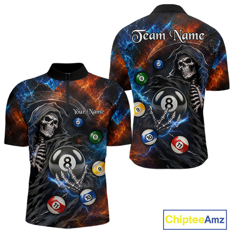 Men's Thunder Grim Reaper quarter zip billiard jersey featuring lightning, custom pool league apparel, BCA tournament shirt, athletic team uniform.
