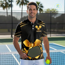 Load image into Gallery viewer, Black And Gold Crown Paddle &amp; Ball Pickleball Jerseys Custom Men Pickleball League Shirts NYN2233