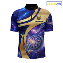 Load image into Gallery viewer, Personalized Golden And Purple Galaxy Darts Polo &amp; 1/4 Zip Shirt For Men Darts Clothing Jerseys NYN2892