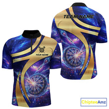 Load image into Gallery viewer, Personalized Golden And Purple Galaxy Darts Polo &amp; 1/4 Zip Shirt For Men Darts Clothing Jerseys NYN2892