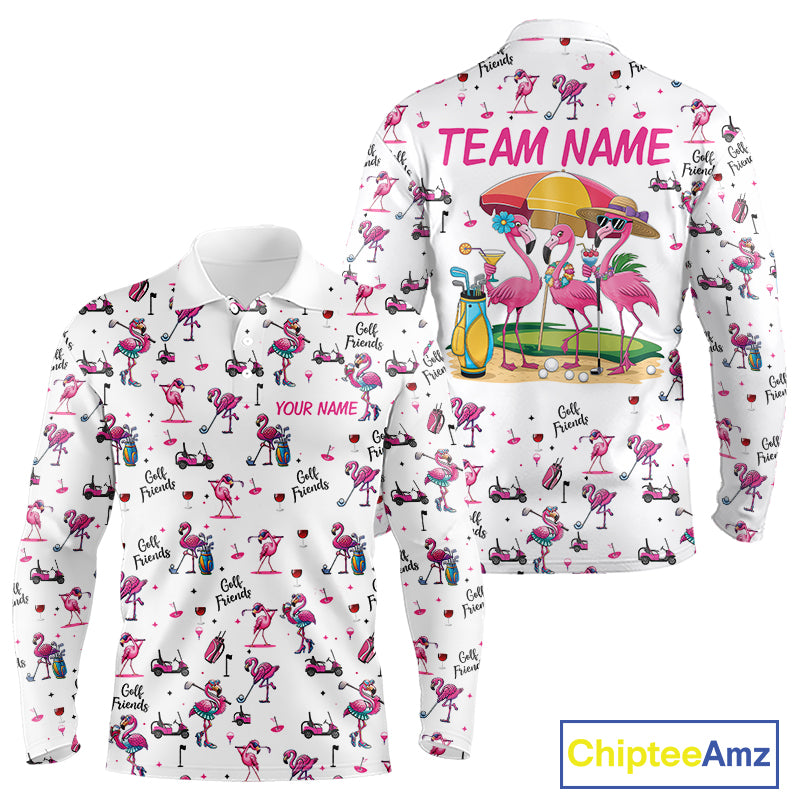 Funny Pink Flamingo Friends White Mens Polo Shirt Custom Flamingo Ladies Golf Outfits NYN3111