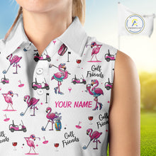Load image into Gallery viewer, Funny Pink Flamingo Friends White Womens Sleeveless Polo Shirt Custom Flamingo Ladies Golf Outfits NYN3111